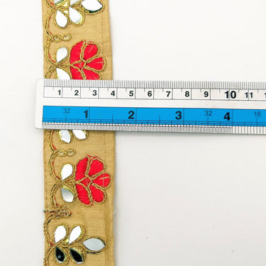 Beige Silk Trim With Mirrors Embellishments and Gold Embroidery, Approx. 38mm Wide, Decorative Trim Costume Trim Floral Trim By Yard